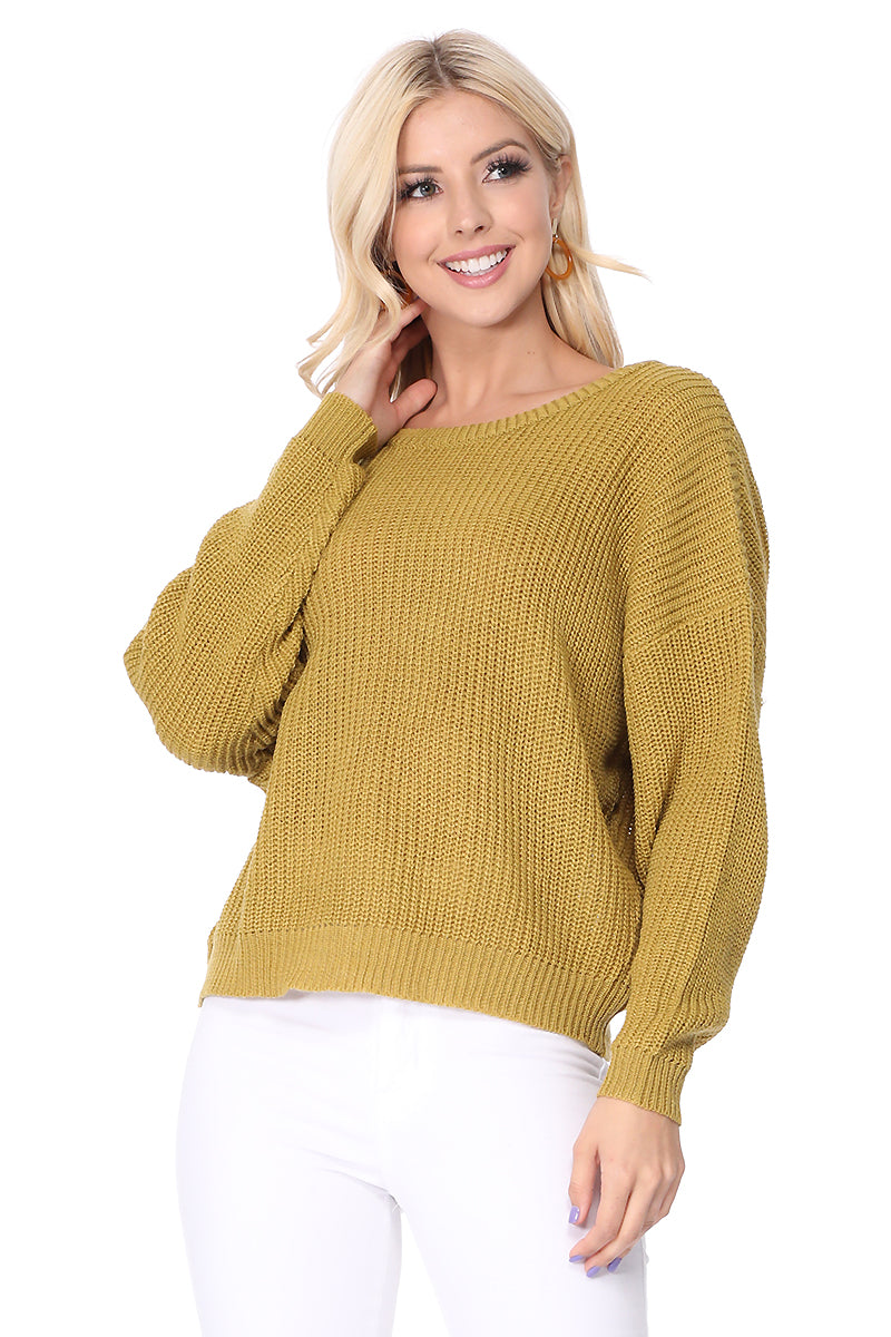 Waffle Stitch Bat Wing Bow Back Pullover Sweater MK8224 (S-L)