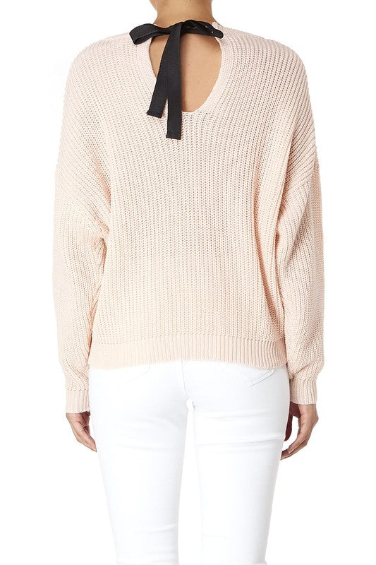 Waffle Stitch Bat Wing Bow Back Pullover Sweater MK8224 (S-L)